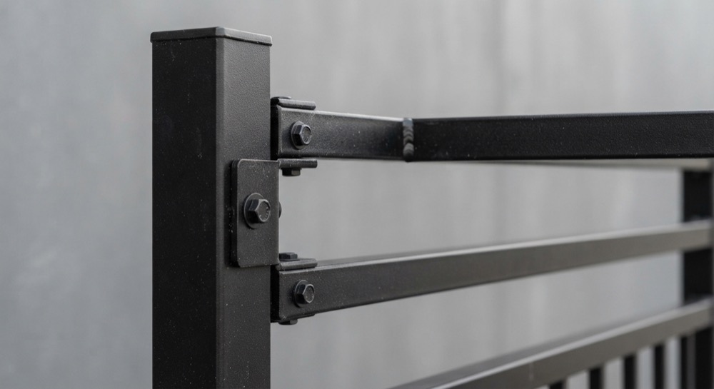 Close-up of a black steel fence post and rails